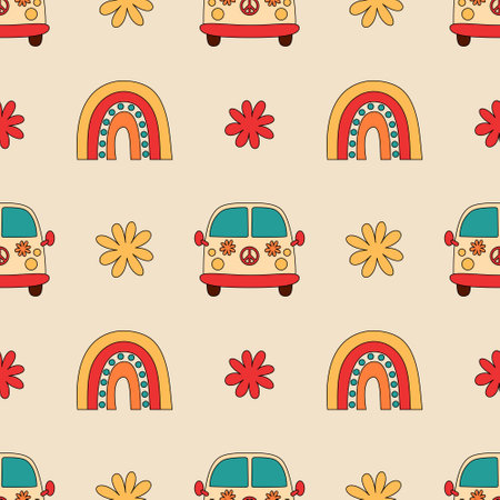 Seamless pattern with retro groovy party elementsのイラスト素材