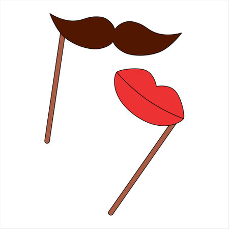 Red lips and moustache on stick vintage paper photo booth props. Retro fashion accessory for photo shootのイラスト素材