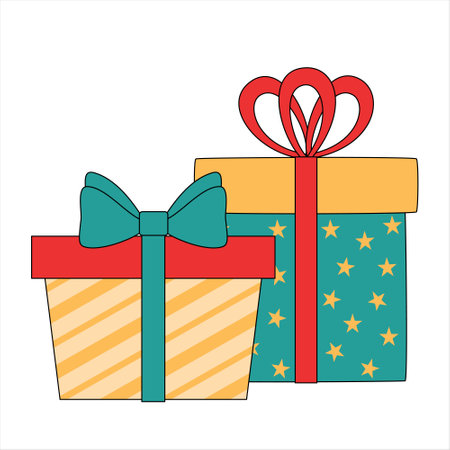 Pair of holiday gift boxes flat vector illustration. Birthday party or christmas celebrationのイラスト素材