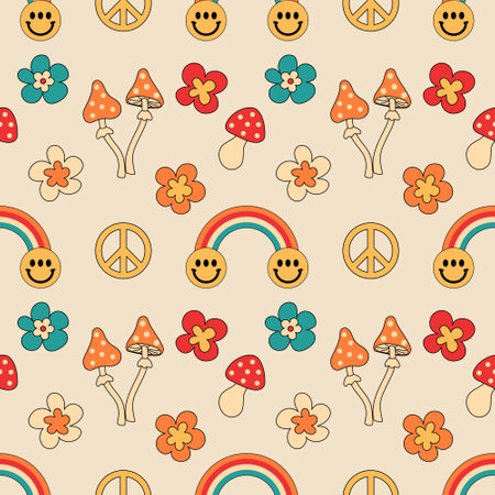 Retro groovy party elements seamless patternのイラスト素材