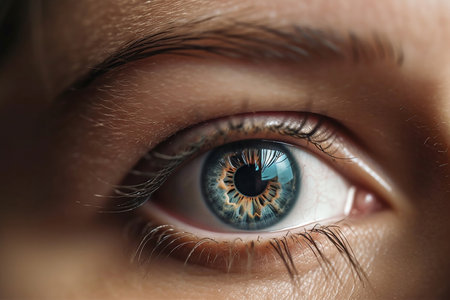 Wide opened female eye in low light. Good vision, contact lenses concept. Created by Generative AIの素材