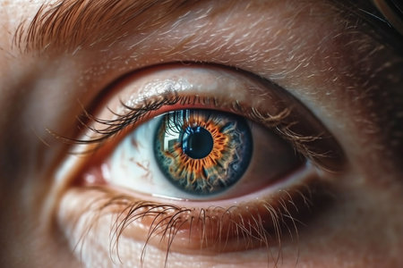 Wide opened female eye in low light. Good vision, contact lenses concept. Created by Generative AIの素材