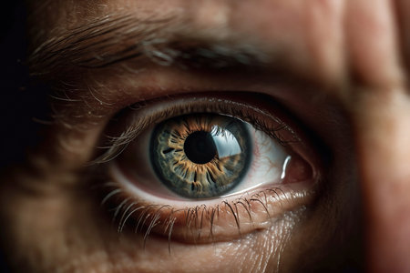 Wide opened male eye in low light. Good vision, contact lenses concept. Created by Generative AIの素材