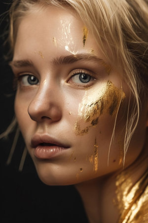 Closeup portrait of young beautiful woman with golden makeup. Created by Generative AIの素材