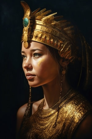 Closeup portrait of young beautiful goddess or priestess with golden jewelry and makeup. Created by Generative AIの素材