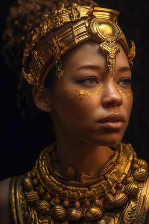 Closeup portrait of young beautiful goddess or priestess with golden jewelry and makeup. Created by Generative AIの素材