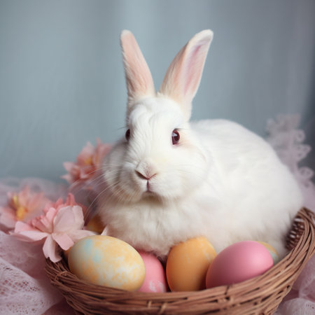 White Easter Bunny in the basket with eggs. Created by Generative AIの素材