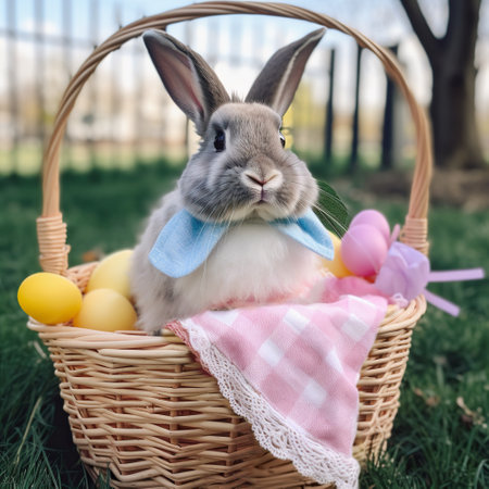 Gray Easter Bunny with colorful eggs. Created by Generative AIの素材