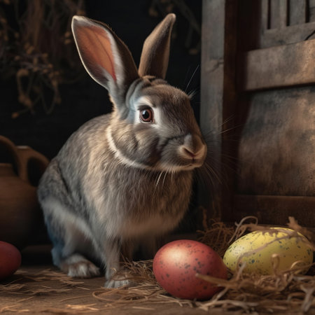 Gray Easter Bunny with colorful eggs. Created by Generative AIの素材