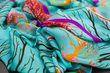 Color torcoise textil, silk fabric with pleatsの写真素材