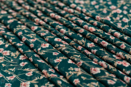 Color green textil, silk fabric with pleatsの写真素材