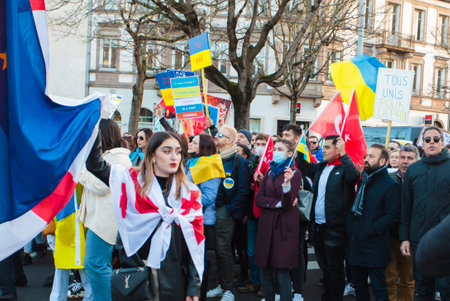 Russian consulate, Georgia, Strasbourg against war on Ukraine, 26 February 2022, against Putin, place Kleberのeditorial素材