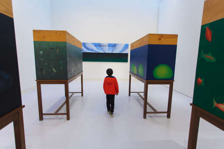 aquariums and boy in red, Strasbourg Museum of Modern and Contemporary Art