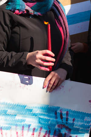 War in Ukraine support with poster, Strasbourg, France, Russian consulate February 2022のeditorial素材