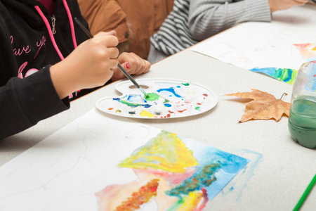 Lesson of drawing for children, aquarelleの写真素材