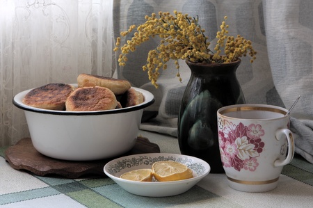 vintage still life with cheese cake and mimosaの写真素材