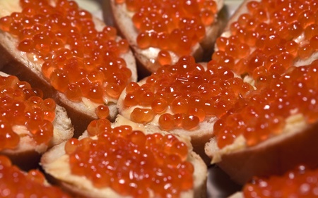 sandwich with red caviar on the festal tableの写真素材