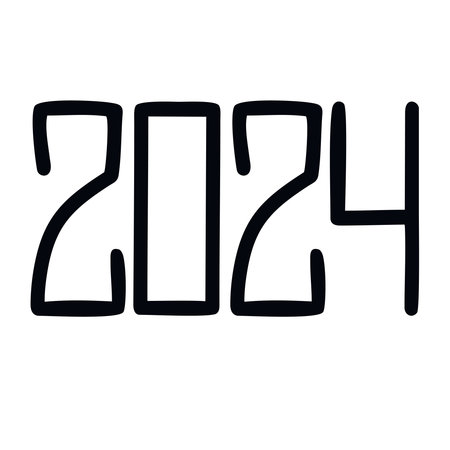 Vector 2024 year black narrow handwritten font. White background. Isolated typography text for logo...