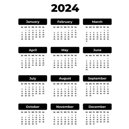 Vertical rectangular black calendar for 2024 year. White background. Isolated vector image. Illustration bold template for design, plannerのイラスト素材