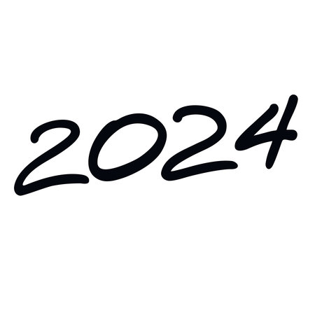 Vector 2024 year black handwritten font. White background. Isolated typography thin text for logo design, flyer, banner, poster, calendarのイラスト素材