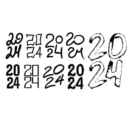 Set of illustration 2024 year black vertical handwritten font. White background. Isolated typography bold text for logo design, flyer, banner, poster, calendar. Vectorのイラスト素材