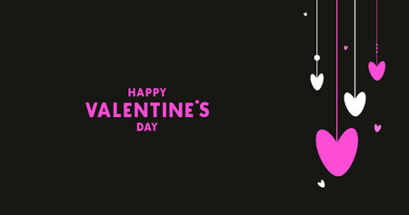 Vector Hanging hearts with text by Valentine day. Cute lettering. Black background in flat style. For greeting card, logo, sale, product, designのイラスト素材