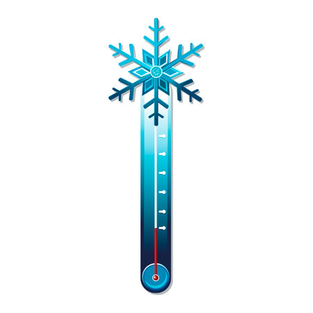 Vector blue thermometer in cold winter weather conditions. Icon with symbol snowflake in flat design. Illustration for card, banner, poster, 2d, packageのイラスト素材