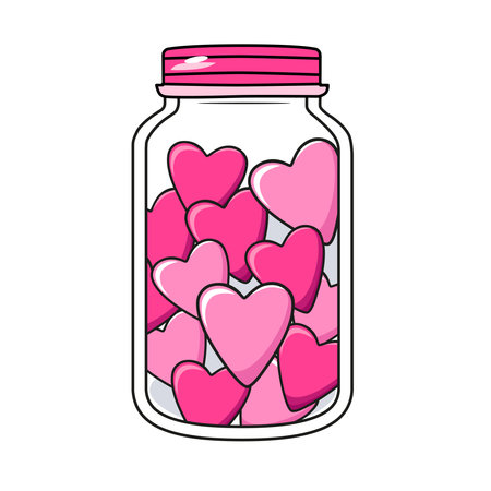 Cute vector icon jar with pink red hearts for Valentine day. Flat design element collection. Minimal cartoon illustration for design web banner and greeting cardのイラスト素材
