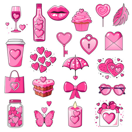 Cute vector pink flat cartoon icons set by Valentine day. Design element collection. Minimal cartoon Sticker pack for design web banner and greeting cardのイラスト素材