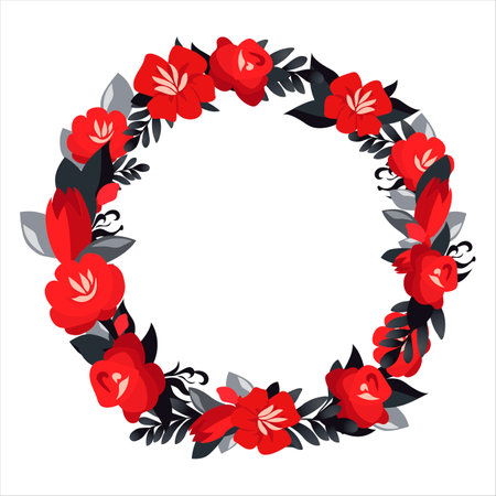Vector round frame of hand drawn flowers for words and text. Isolated red black vignette with tulips and roses for design, comics and flat bannersのイラスト素材