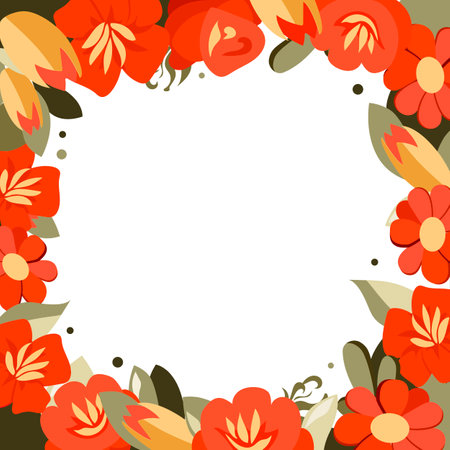 Vector Square frame of hand drawn flowers for words and text. Isolated red orange vignette with tulips and roses for design, comics and flat bannersのイラスト素材