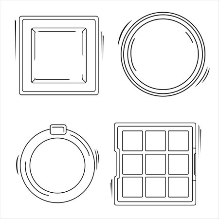 Vector set of black white outline eye shadow and blush. Isolated contour cosmetic illustration top view. Drawn makeup icon. For design, cards and bannerのイラスト素材