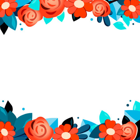 Vector Square frame of hand drawn flowers for words and text. Isolated red blue vignette with chamomile and roses for design, comics and flat bannersのイラスト素材