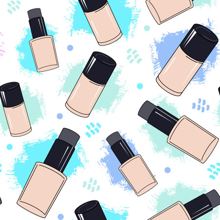 Vector seamless makeup pattern with blue splash foundation. Background in flat design with decorative cosmetics for design of children's clothes, dress, fabric, textile, scrapbooking.のイラスト素材