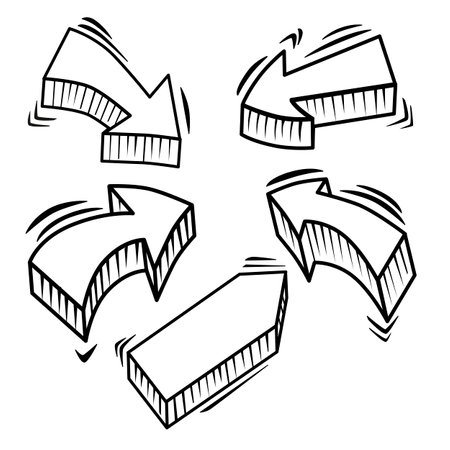 Vector set of abstract business arrows. Hand drawn 3d geometric curved pointers. Isolated bold doodles for design to mark.のイラスト素材