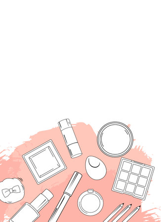 Vector hand drawn black outline makeup elements on beige background for words and text. Lipstick, eye shadow, blush, sponge and nail polish. Isolated wall with cosmetics for design and flat bannersのイラスト素材