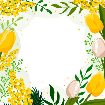 Spring square frame with yellow tulips and mimosa for words and text. Vector background template with flowers for design, greeting card, banner, board, flyer, sale, posterのイラスト素材