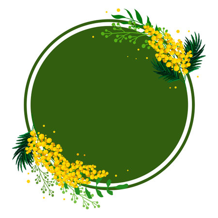 Spring round green frame with yellow tulips and mimosa for words and text. Vector background template with flowers for design, greeting card, banner, board, flyer, sale, posterのイラスト素材