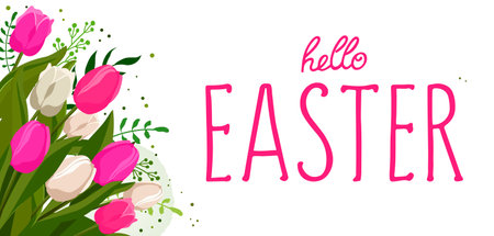 Spring bouquet with pink and white tulips and grass with text Easter. Vector background template with flowers for design, greeting card, banner, board, flyer, sale, posterのイラスト素材
