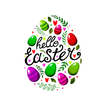 Vector egg with text Hello Easter and with colorful eggs, green leaves and branches, hearts on white background. Illustration in flat style. Spring clipart for design of card, banner, flyer, posterのイラスト素材