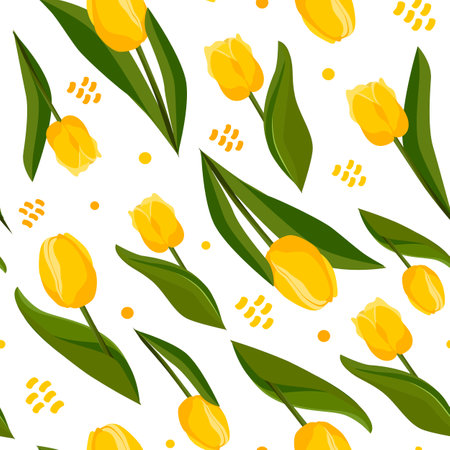 Seamless vector pattern with yellow tulips on white background. Flat design with flowers for scrapbooking, kids clothes, dress, fabric and textileのイラスト素材