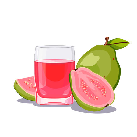 Full glass of pink freshly squeezed guava juice. Isolated vector summer drink for flat designのイラスト素材