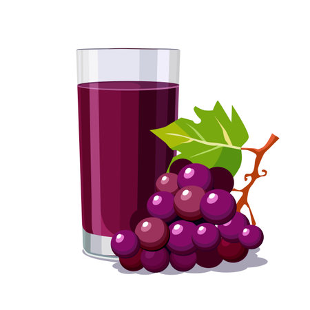 Full glass of purple freshly and healthy squeezed grape juice isolated on white background. Vector illustration in flat style with dietary drink. Summer clipart for card, banner, flyer, poster designのイラスト素材