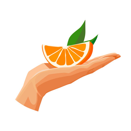 Freshly and healthy red orange in the palm of the hand isolated on white background. Vector illustration in flat style with dietary fruit. Clipart for card, banner, flyer, poster designのイラスト素材