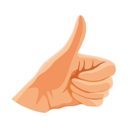 Human hand showing likes. Vector illustration depicts thumbs up gesture in flat style. View of emoji for card, banner, flyer, poster design for left handers dayのイラスト素材