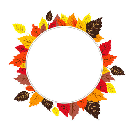 Vector isolated round frame of yellow dry alder autumn leaves. Border for text and lettering. Isolated flat illustration with brown plants for design, greeting card, banner, board, flyer, sale, posterのイラスト素材