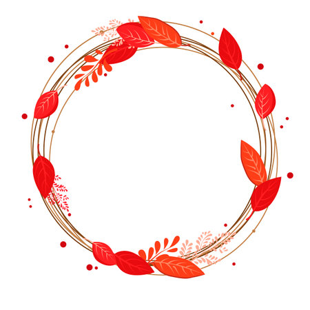 Vector isolated round frame of red dry alder autumn leaves. Border for text and lettering. Isolated flat illustration with brown plants for design, greeting card, banner, board, flyer, sale, posterのイラスト素材