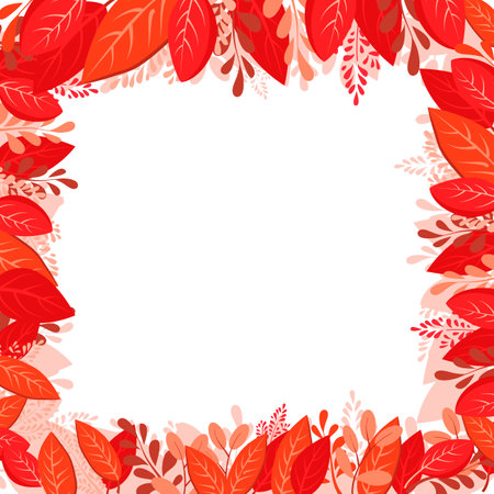 Vector isolated square frame of red dry alder autumn leaves. Border for text and lettering. Isolated flat illustration with brown plants for design, greeting card, banner, board, flyer, sale, posterのイラスト素材