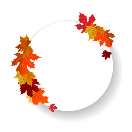 Vector isolated round frame of yellow dry maple autumn leaves. Border for text and lettering. Isolated flat illustration with brown plants for design, greeting card, banner, board, flyer, sale, posterのイラスト素材
