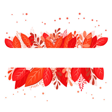 Vector isolated rectangular frame of red dry autumn leaves. Border for text. Flat clipart for designのイラスト素材